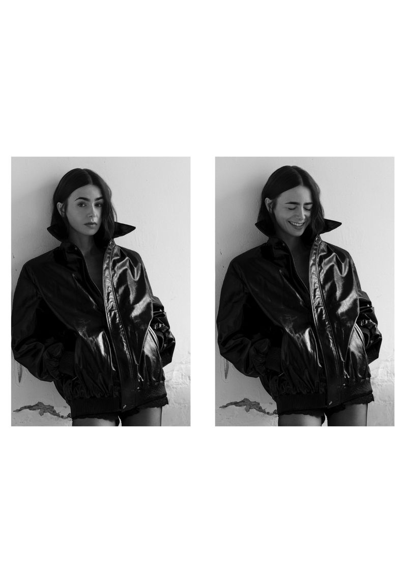 Black and white portrait featuring an adult female in a leather jacket leaning against a white wall, captured in two adjacent frames.