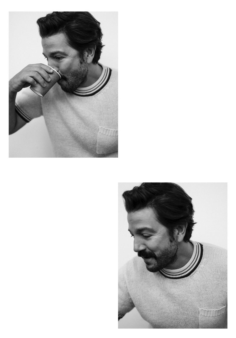 Black-and-white portrait of a man with a mustache in a cream-colored shirt, drinking from a paper cup. Multiple exposures in one frame.