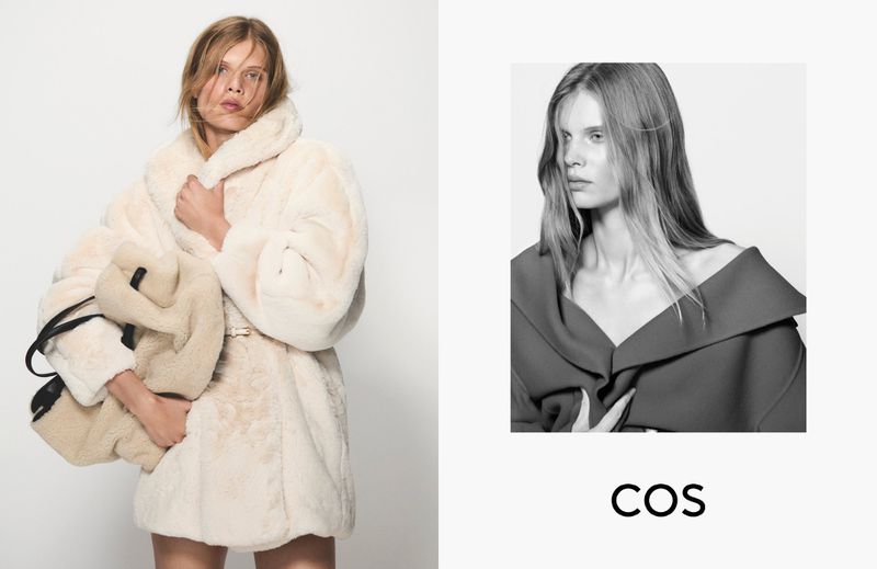 Fashion shot features a blonde model in a furry beige coat holding a beige purse, alongside a monochrome headshot with the COS logo.
