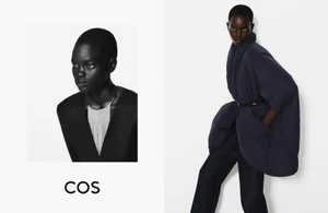Model Athiec Geng wearing a navy belted puff coat alongside a black and white portrait with a fringe metallic necklace for COS.