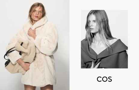 Model Ida Heiner posing in an oversized cream plush coat beside a black and white campaign portrait for COS.
