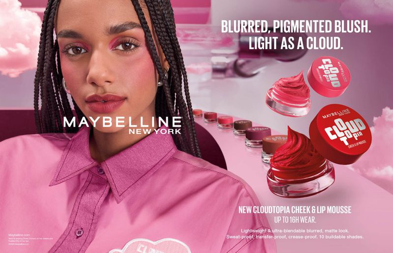 Close-up shot of a woman with pink makeup, paired with Maybelline Cloudtopia cheek and lip mousse on a pink backdrop.