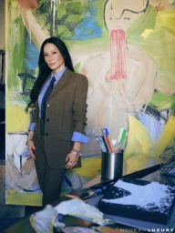 Actor Lucy Liu poses in an olive brown tailored suit and blue button-down shirt with a tie in front of a large colorful canvas painting.