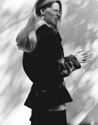 Model Abby Champion posing in a black satin jacket against a backdrop with dappled shadow patterns in black and white.