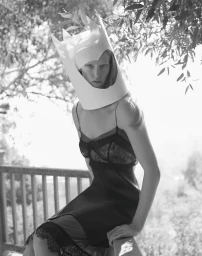 Model Abby Champion wearing a sculptural paper headpiece and black slip dress on a balcony for CAP 74024.