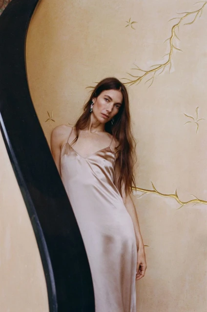 Brunette woman in a champagne-colored slip dress poses indoors against a textured wall with decorative botanical art, fashion portrait.