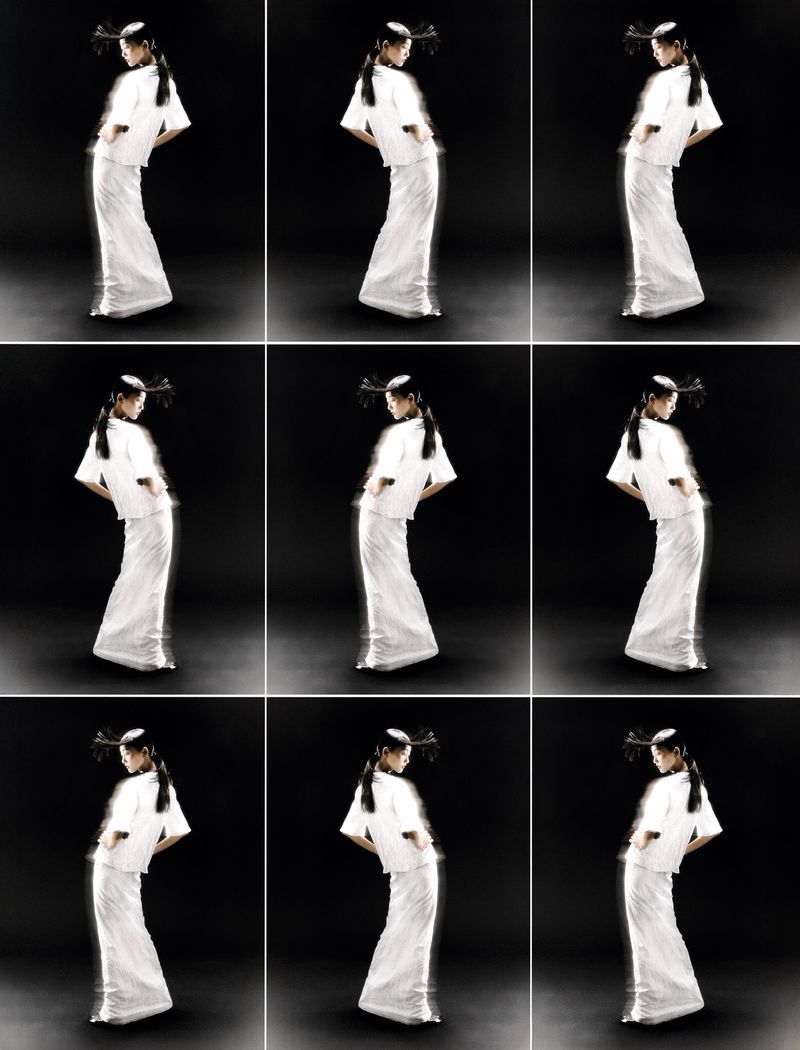 Nine frames show an Asian woman in a white outfit and ornate headpiece, posing against a black background in a beauty fashion studio shot.