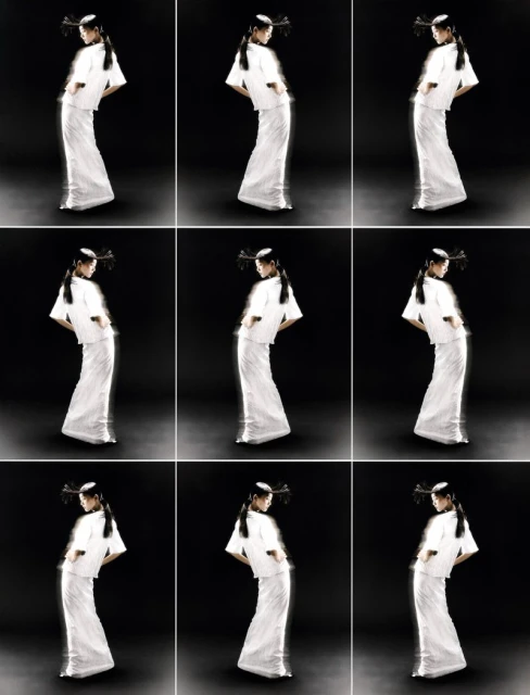 Nine frames show an Asian woman in a white outfit and ornate headpiece, posing against a black background in a beauty fashion studio shot.