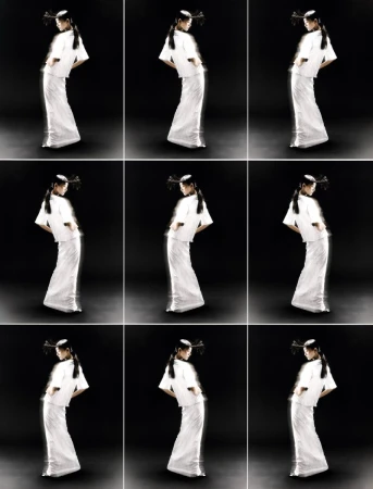 Nine frames show an Asian woman in a white outfit and ornate headpiece, posing against a black background in a beauty fashion studio shot.
