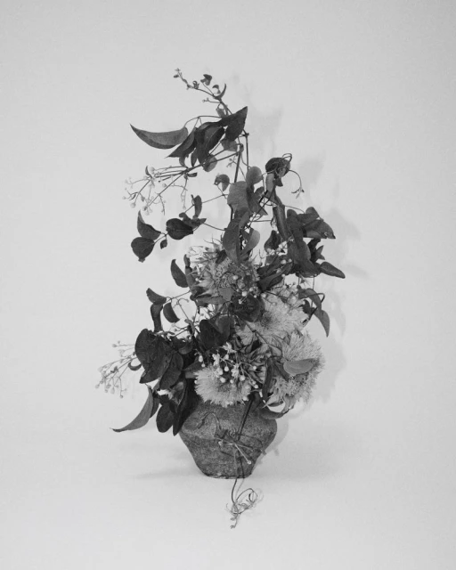 Black and white image of a floral arrangement in a vase. Various types of flowers and leafy vines fill the frame.
