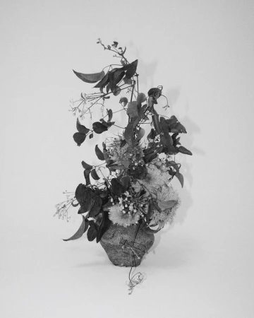 Black and white image of a floral arrangement in a vase. Various types of flowers and leafy vines fill the frame.