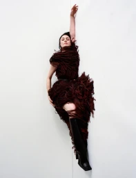 Model Erin O'Connor wearing a dark burgundy textured fringe dress and black knee-high boots posed in a white architectural corner.