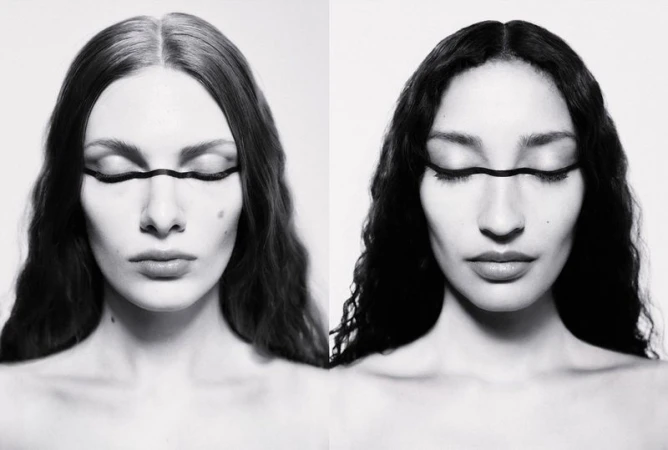 Black and white beauty portraits of two women side by side with eyes closed and graphic black eyeliner drawn across their nose bridge.