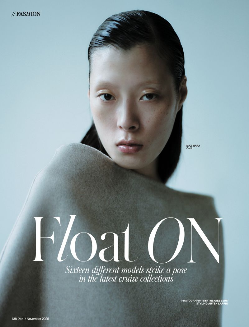 Fashion magazine cover featuring an Asian model wearing beige clothing, shot with shallow depth of field, soft lighting, and elegant typography.