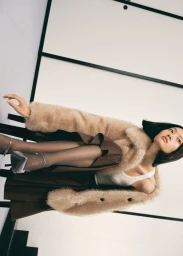 Yilan Hua wears a plush beige faux fur coat, brown skirt, white tank top, and silver heels while seated.