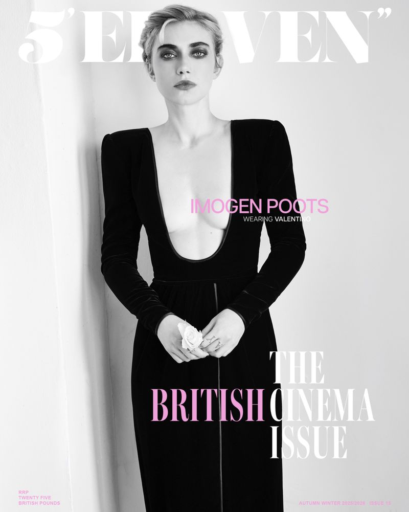 Magazine cover featuring Imogen Poots in a black dress against a minimalist gray background, promoting the British Cinema Issue.