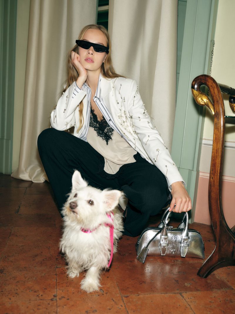 A young woman in fashionable clothing squats next to a white dog with a pink leash, holding a silver handbag indoors.