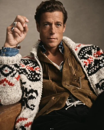 Portrait of a handsome adult man wearing a patterned cardigan sweater and suede jacket, posing indoors against a neutral backdrop.