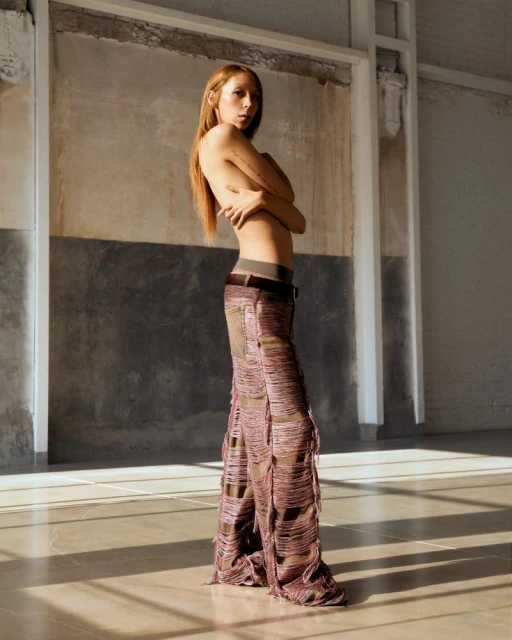 A topless woman with long auburn hair poses in tattered brown pants against a rustic white wall in a fashion-forward, eye-level shot.