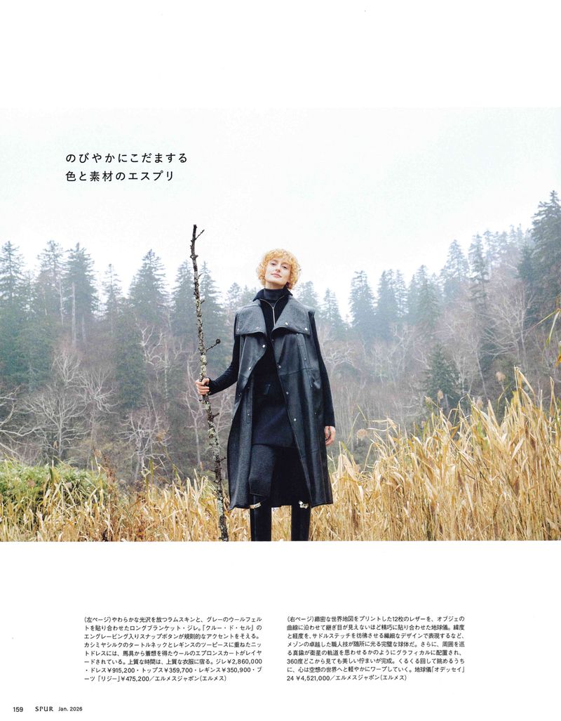A woman stands outdoors in a dark coat holding a branch, with a misty forest backdrop and dry grass in the foreground, fashion editorial.