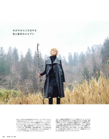 A woman stands outdoors in a dark coat holding a branch, with a misty forest backdrop and dry grass in the foreground, fashion editorial.
