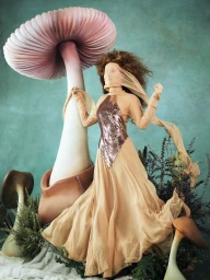 Woman in sheer veil and metallic dress posing beside giant fantastical mushrooms in surreal editorial fashion photograph