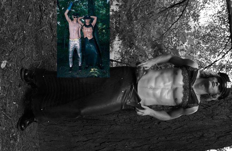 Monochrome image of a topless male lying on a tree with another image showing two scantily clad men in a forest background.