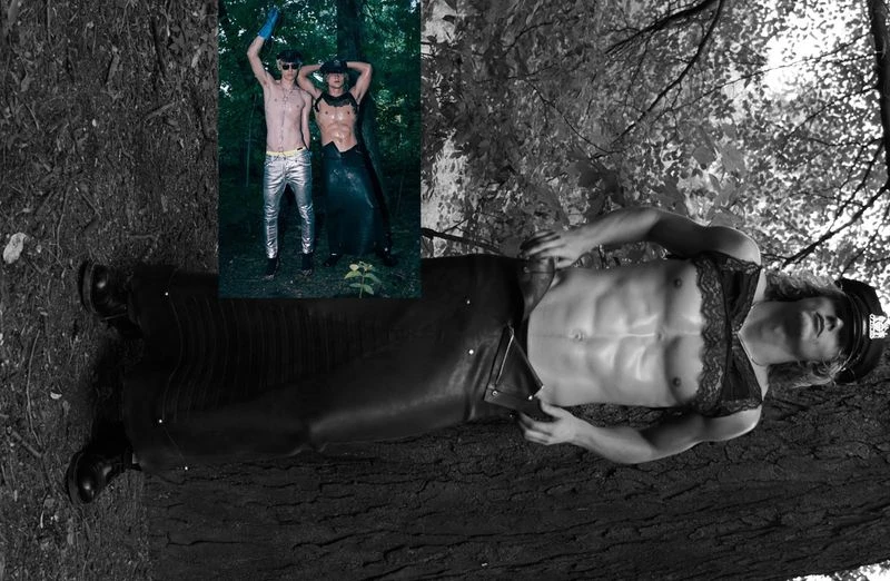 Monochrome image of a topless male lying on a tree with another image showing two scantily clad men in a forest background.