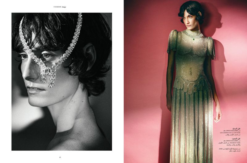 Two women are featured, one in black and white wearing a sparkling headpiece, and the other in color, wearing a long beaded gown.
