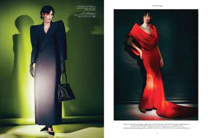 Two-page fashion spread showing a model in a structured black gown and a model in a flowing red gown against studio backgrounds.