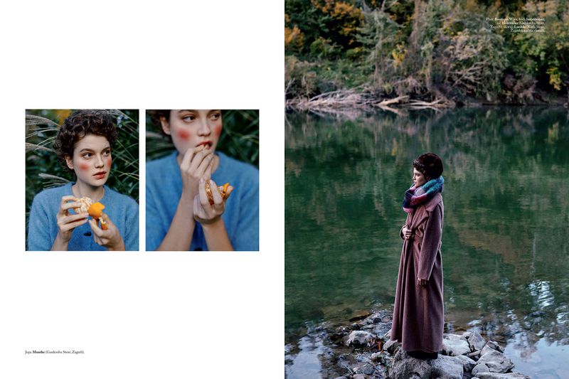 Editorial fashion shot of a woman in a long coat standing on rocks near a lake, and a pair of images of a woman eating.