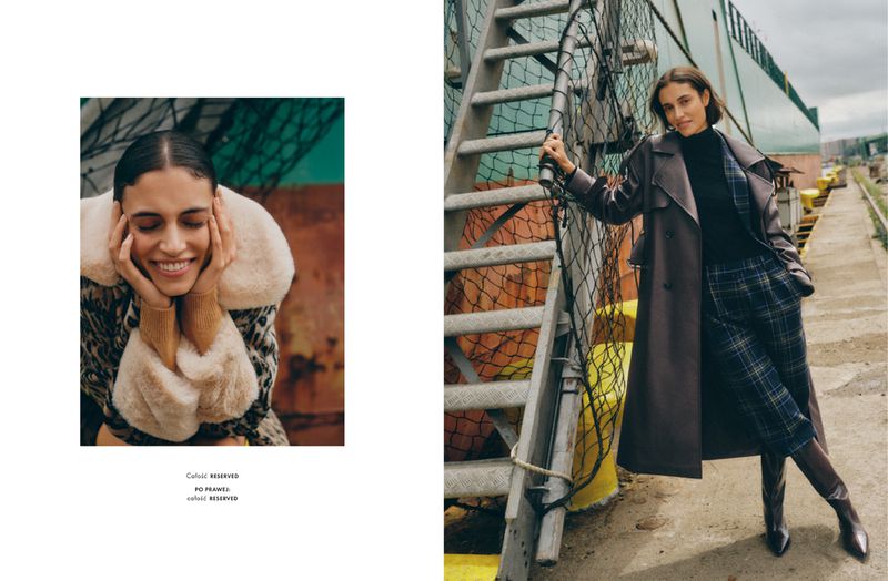 A woman in a brown trench coat and plaid pants poses on a metal staircase next to a ship, with a close-up of a woman in a fur-trimmed coat.