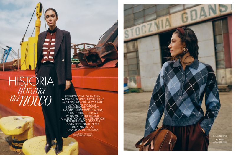 Two fashion images, one showcasing a woman in an overcoat on a red structure, and the other features a woman in argyle sweater near a building.