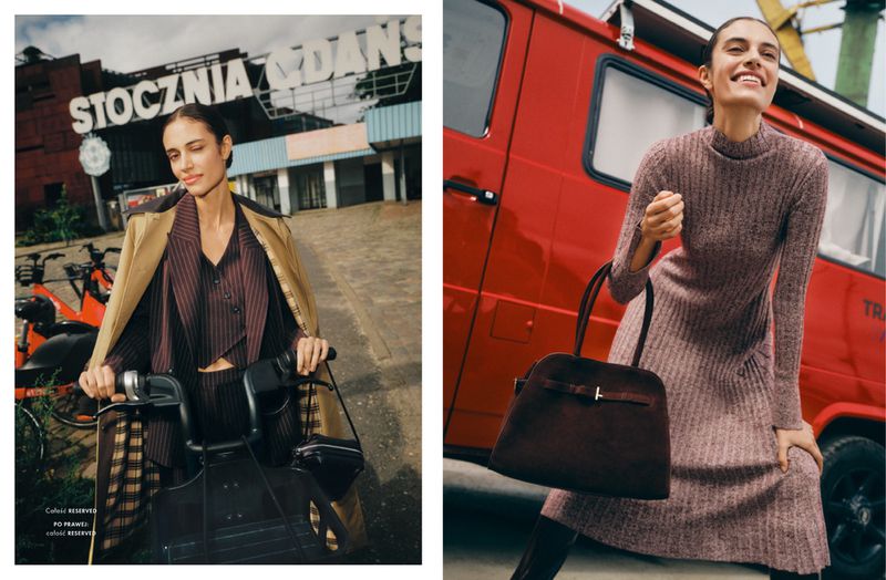 Two fashion shots show a woman in a striped suit and a tan coat by a building and a woman in a sweater dress in front of a red van.