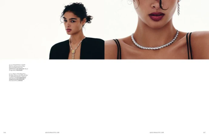 Editorial magazine spread featuring model Alexis Carrington wearing high diamond jewellery and black tailoring on a white background.