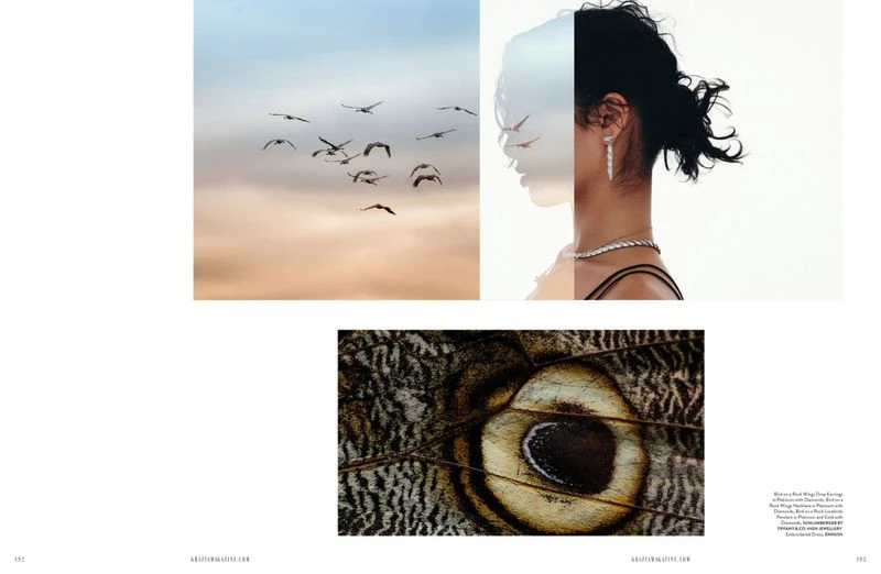 Composite image of a woman's profile layered with birds in flight, and close up of insect wing, creating a textured, nature-inspired aesthetic.