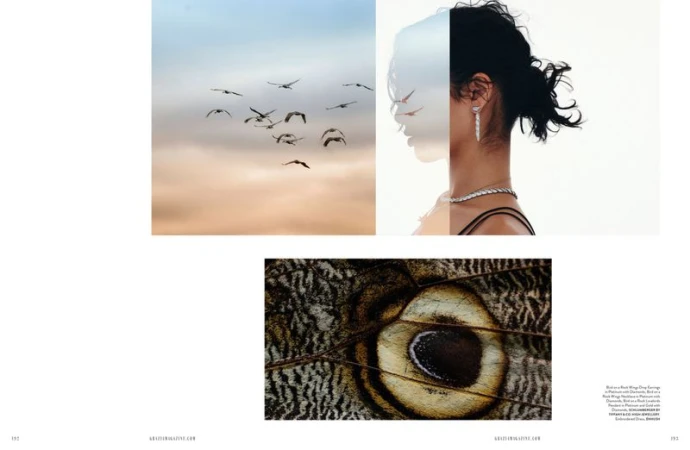 Composite image of a woman's profile layered with birds in flight, and close up of insect wing, creating a textured, nature-inspired aesthetic.