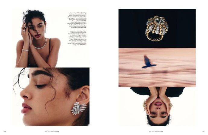 Editorial magazine spread featuring model Alexis Carrington wearing luxury diamond jewellery and rings for Grazia International.