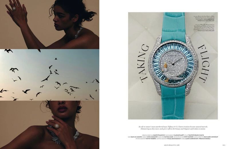 Fashion editorial features a woman in jewelry juxtaposed with a watch and bird silhouettes, creating a conceptual jewelry advertisement.