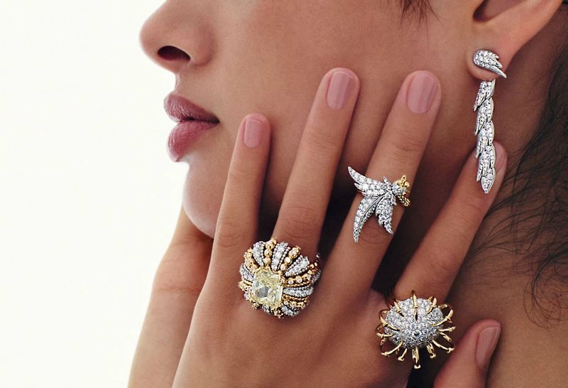 Close-up of a woman's hand and face, showcasing several ornate rings and an earring, with a soft, diffused light illuminating the scene.