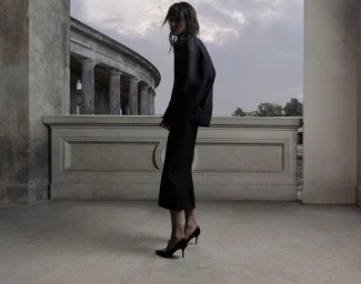 Model wearing a black jacket and midi skirt standing on a balcony with classical architecture by Tereza Mundilova for Celine
