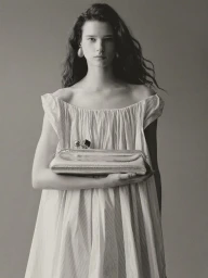 Sandra Murray wearing a gathered off-the-shoulder dress and holding a structured silver metallic clutch in a studio setting.
