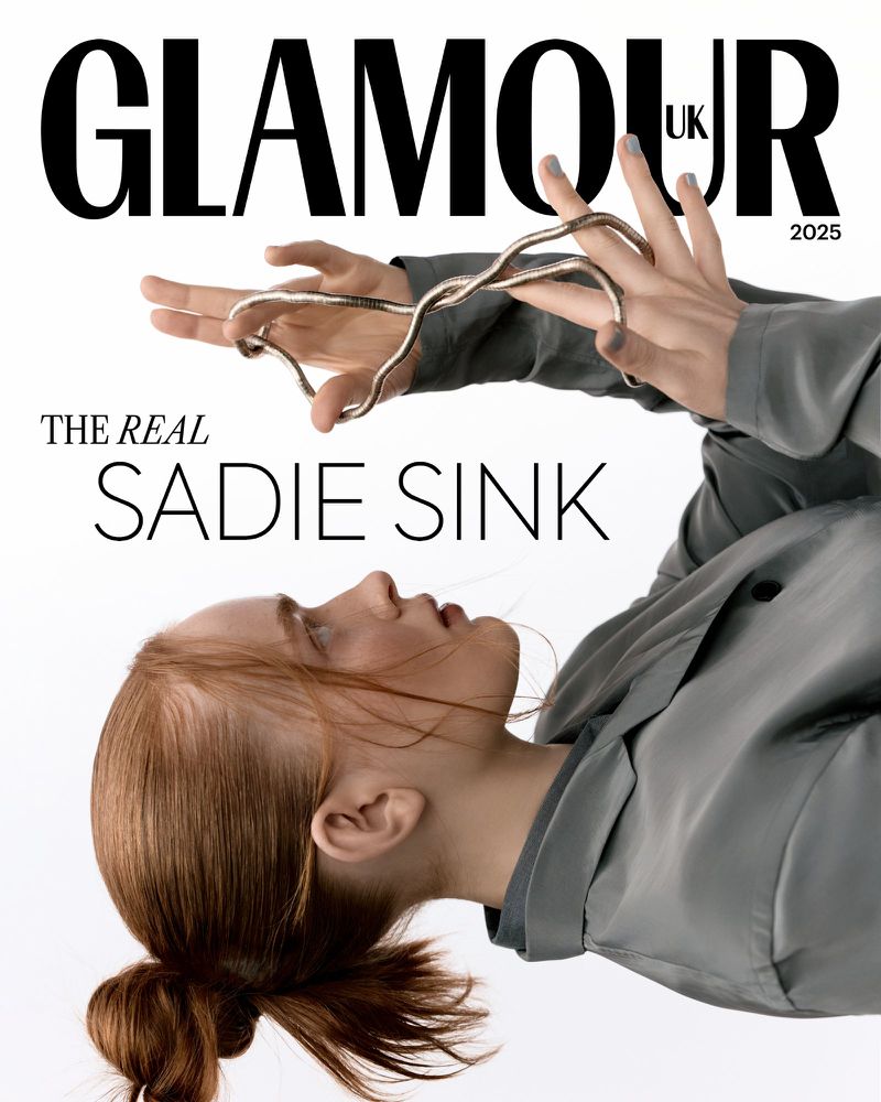 Magazine cover featuring Sadie Sink, fashion, and jewelry. Neutral color palette and side profile shot. Glamour UK, 2025.