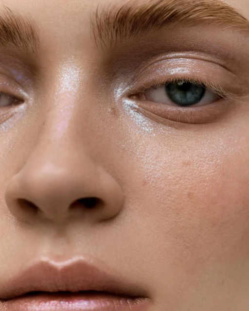 Close-up beauty shot of a fair-skinned woman's face with iridescent makeup, focusing on her eye, eyebrow, nose, and lips.