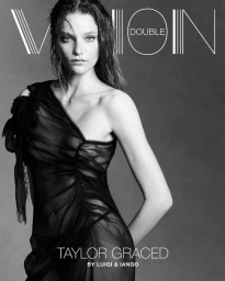 Model with wet hair wearing a sheer black dress against a neutral grey studio background for Double Vision.