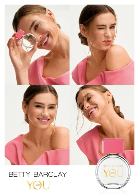 Smiling woman in a pink dress poses in a collage with a perfume bottle. The bottle is branded with the text BETTY BARCLAY.