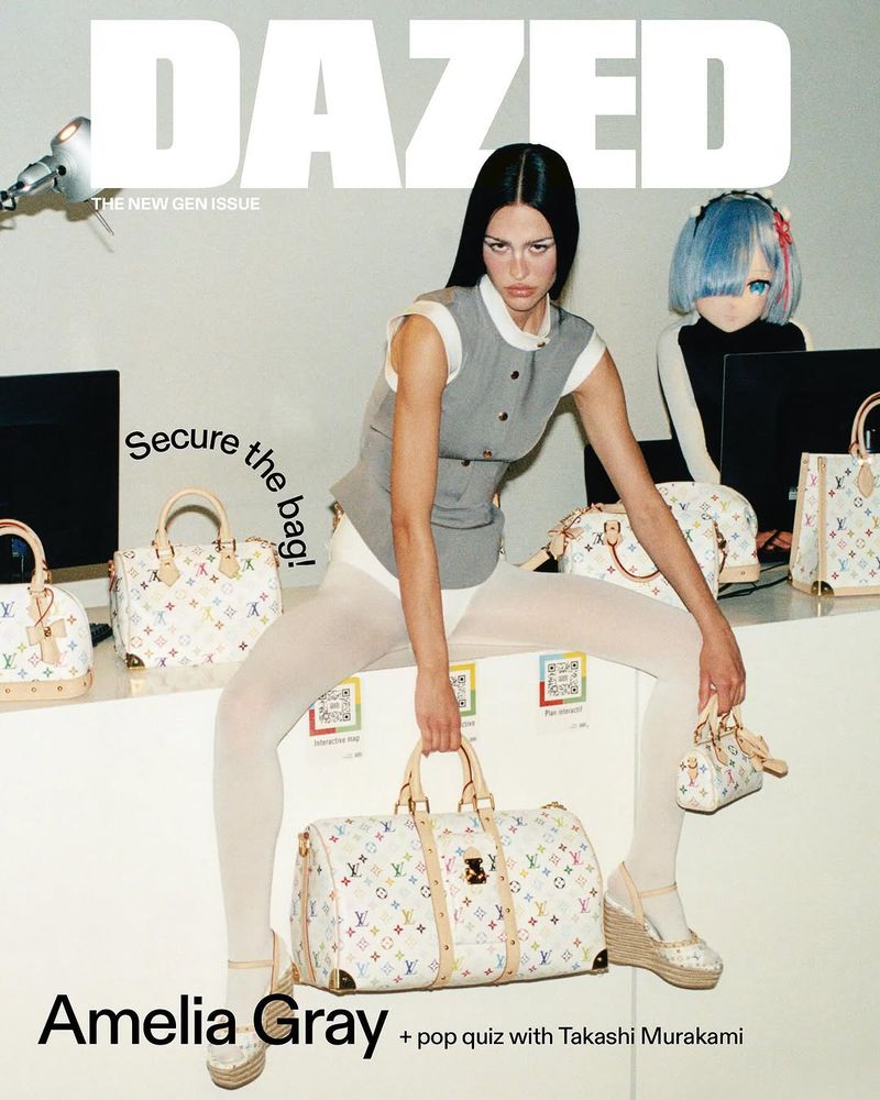 Amelia Gray on Dazed Magazine cover, wearing a grey vest and white tights, surrounded by Louis Vuitton handbags.