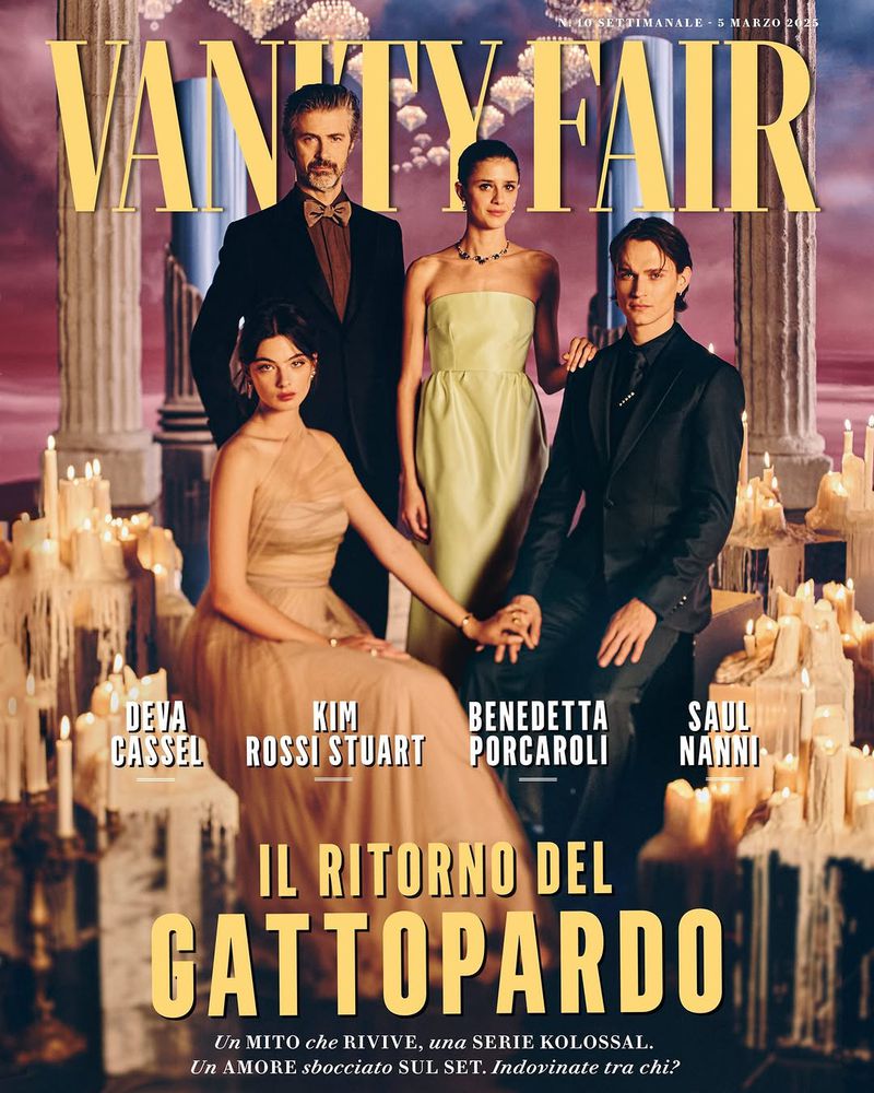 Vanity Fair cover featuring four actors: two women in gowns and two men in suits, posing indoors with candles and columns.