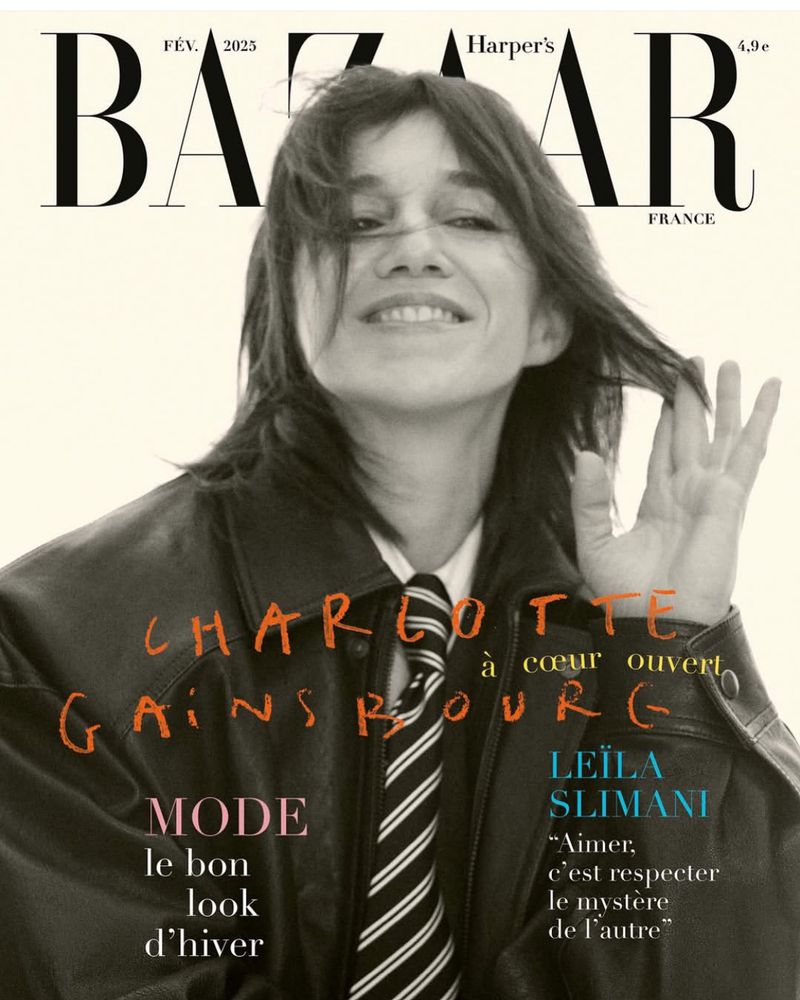 Harper's Bazaar France cover featuring a woman in a jacket and tie, with magazine text and design elements visible in a studio setting.