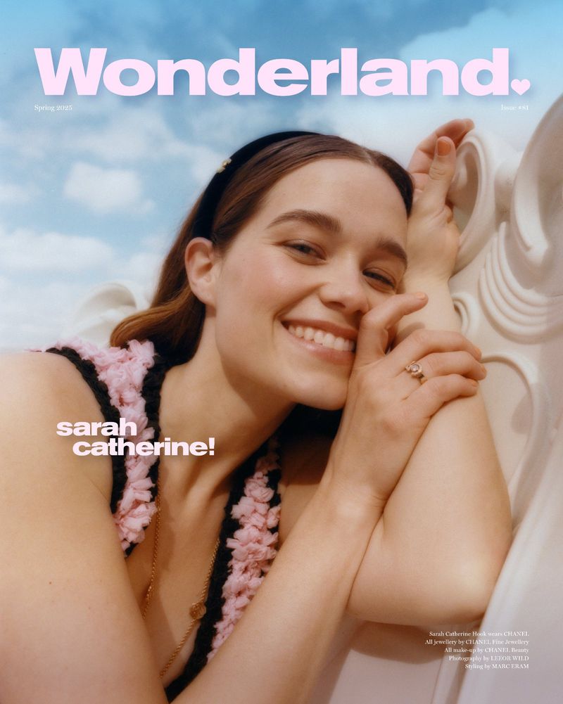 Magazine cover featuring Sarah Catherine wearing pink top, smiling, with a sky background and the 'Wonderland.' magazine title.